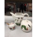 THREE PIECES OF PORTMERION TO INCLUDE A TEAPOT-NO LID- A HUNGRY CATERPILLAR MONEY BOX AND A PRESERVE