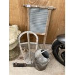 AN ASSORTMENT OF ITEMS TO INCLUDE A WASH BOARD, A GALVANISED WATERING CAN AND A SADDLE RACK ETC