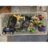 A BOX OF PLASTIC SOLDIERS AND TANKS, A BIGFOOT MONSTER TRUCK AND OTHER FIGURES ETC.