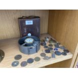A PLANE VELOCITY METER, MIXED COINS AND BADGES ETC