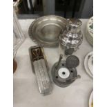 A COLLECTION OF ITEMS TO INCLUDE A PEWTER INKWELL COMPLETE WITH LINER, A SILVER PLATE TRAY, A GERO