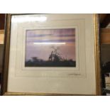 A DAVID SHEPHERD SIGNED PRINT OF A GIRAFFE AT SUNSET, ALSO WITH A DEDICATION AND SIGNATURE TO THE