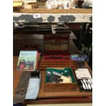 A MAHOGANY BOXED CANTEEN OF CUTLERY, BOX OF CUTLERY, MRS BEETONS COOKERY BOOK, WALL PLAQUE, CASIO