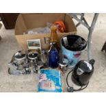 AN ASSORTMENT OF ITEMS TO INCLUDE A STAINLESS STEEL COFFEE SET, A SODA SIPHON AND A KETTLE ETC