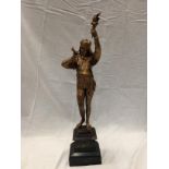 A METAL STATUETTE OF A CLASSICAL FIGURE ON A PLINT HEIGHT 60CM