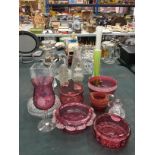 A COLLECTION OF GLASSWARE TO INCLUDE CRANBERRY BOWLS, JUG, ETC PLUS CANDLESTICKS, VASES,