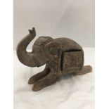 A WOODEN AND BRASS ELEPHANT WITH A DRAWER HEIGHT 16.5CM, LENGTH 22.5CM
