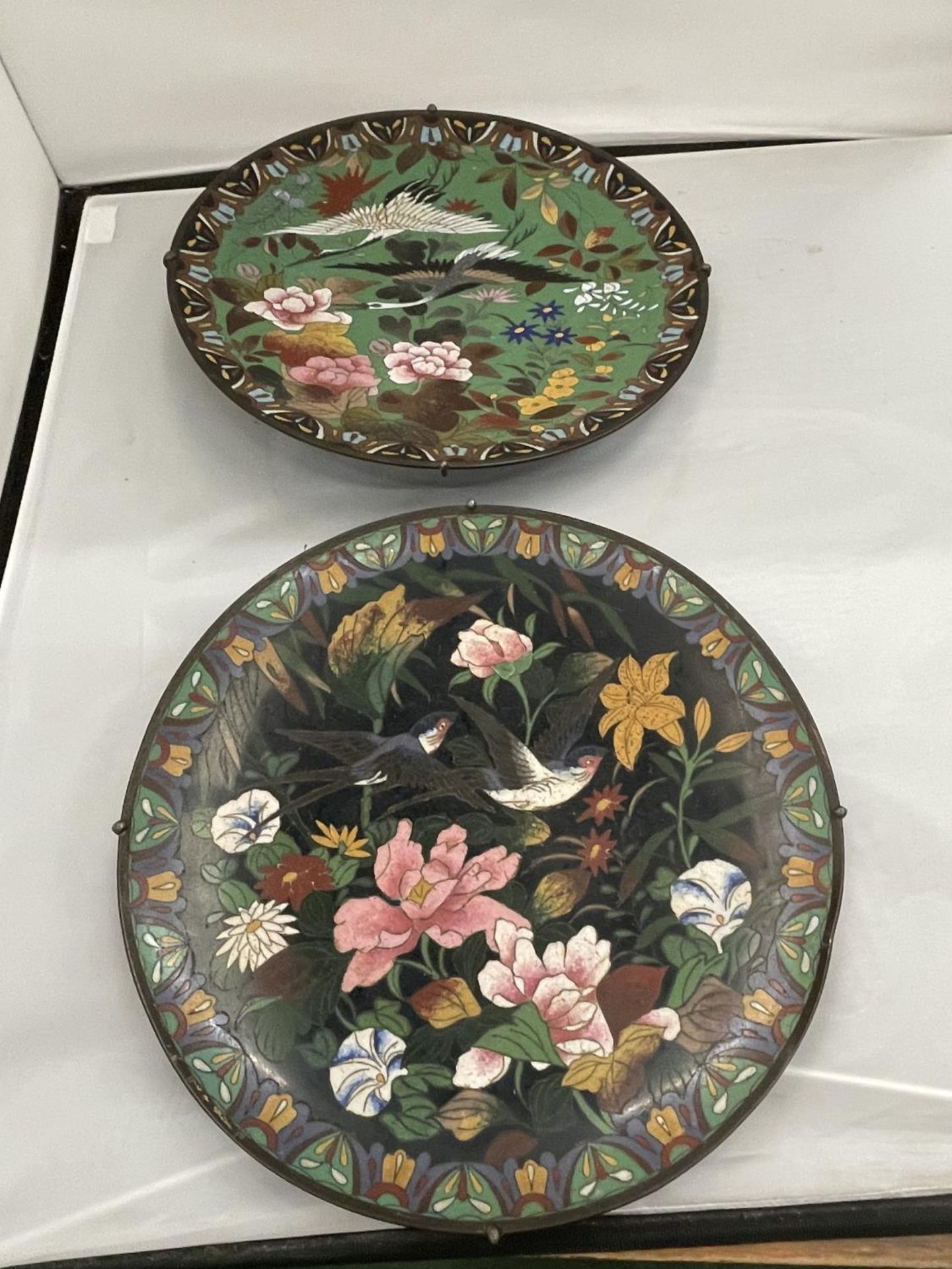 TWO VICTORIAN CLOISONNE WALL PLAQUES