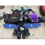 AN ASSORTMENT OF SPORTS ITEMS TO INCLUDE BOXING GLOVES, WET SUITS AND TWO SKATE BOARDS ETC