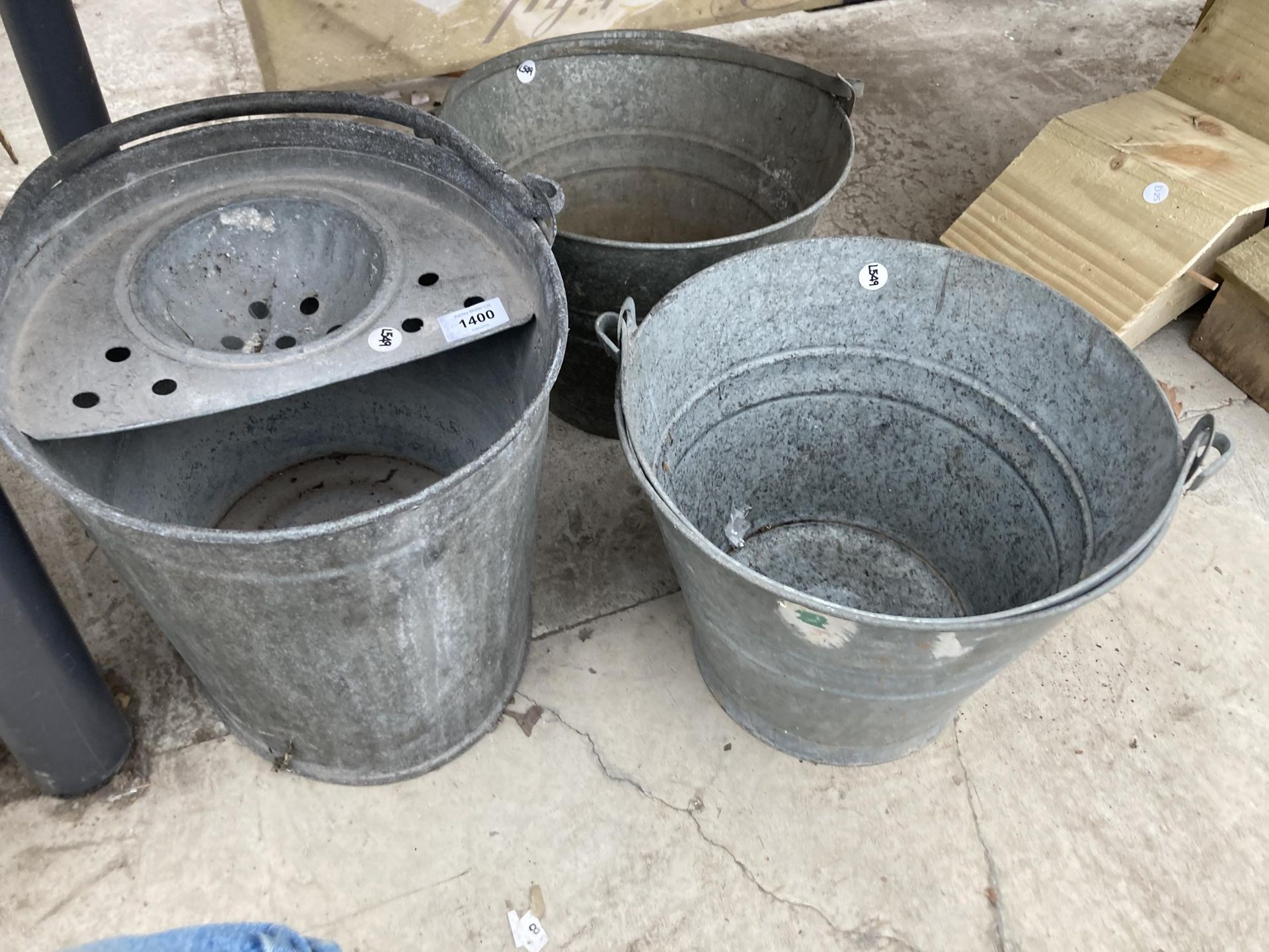 TWO VINTAGE GALVANISED BUCKETS AND A MOP BUCKET