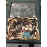 A VINTAGE BISCUIT TIN CONTAINING LEAD DRAGOONS, ANIMALS, ETC