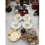 A QUANTITY OF ITEMS INCLUDING CUPS AND SAUCERS, CANDLESTICKS, EGG CODDLER, WATCH, PIN TRAY, ETC