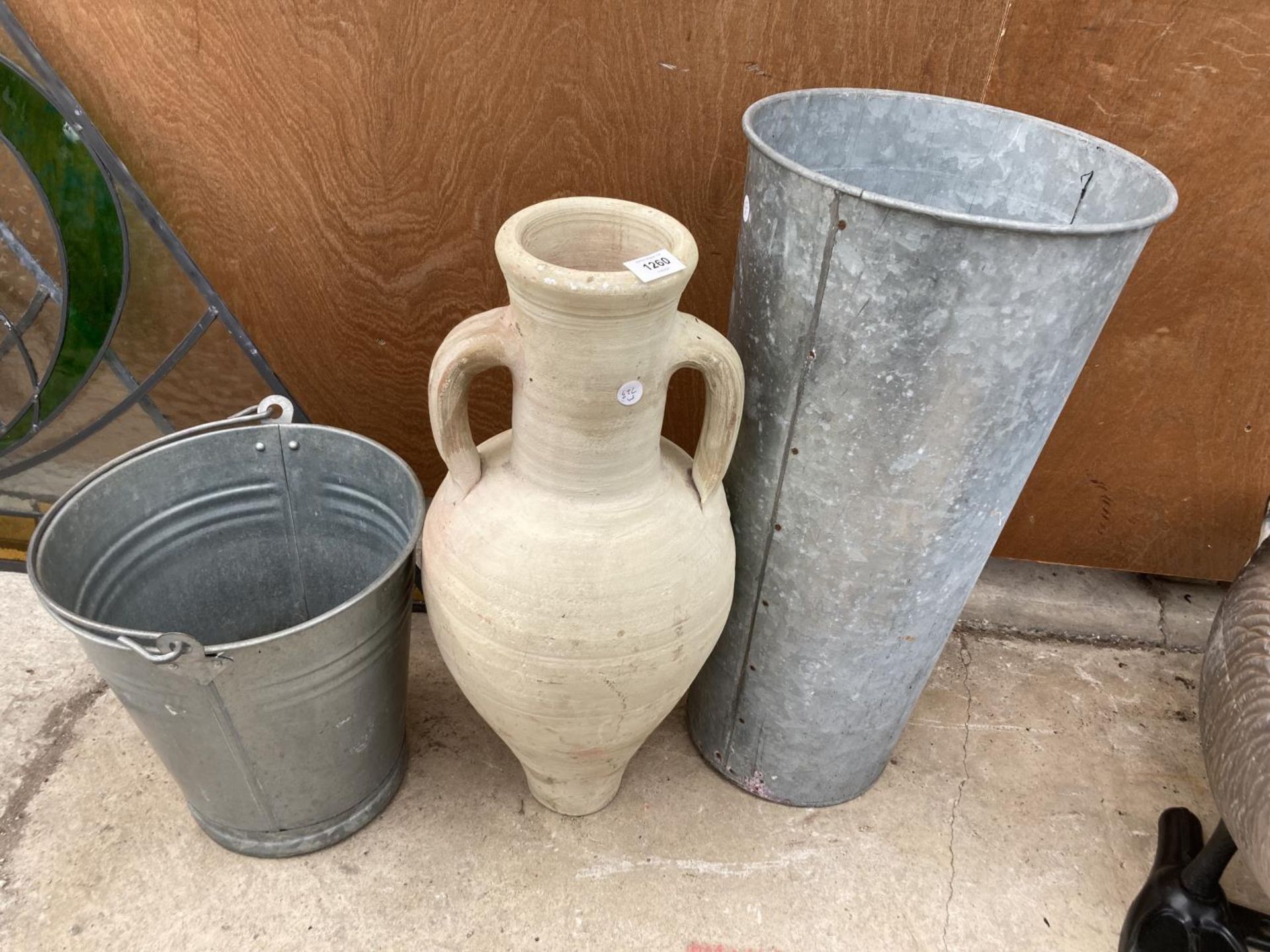 TWO GALAVANISED BUCKETS AND A CERAMIC URN VASE