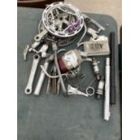 AN ASSORTMENT OF VARIOUS PUSH BIKE PARTS TO INCLUDE GEARS, CRANK SHAFT AND LIGHTS ETC