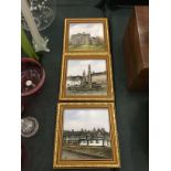 THREE FRAMED PAINTED TILES, ONE OF THE BLACK BEAR HOTEL, SANDBACH, THE ANCIENT CROSSES, SANDBACH AND