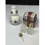 A MINIATURE ORIENTAL VASE AND A SMALL FLOWER DESIGN LIDDED CERAMIC CHEST WITH TWO INNER PERFUME