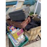 AN ASSORTMENT OF HOUSEHOLD CLEARANCE ITEMS TO INCLUDE SUITCASES AND MATERIAL