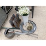 AN ASSORTMENT OF VINTAGE ITEMS TO INCLUDE A GALVANISED WATERING CAN, TWO VASES AND TWO WALL