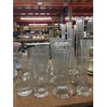 A QUANTITY OF VINTAGE GLASSES INCLUDING TALL DESSERT GLASSES, VASES, ETC