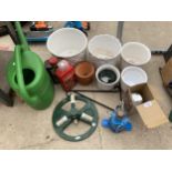 AN ASSORTMENT OF ITEMS TO INCLUDE CERAMIC AND TERRACOTTA POTS, A WATERING CAN AND A GAS CAMPING