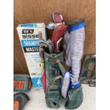 AN ASSORTMENT OF ITEMS TO INCLUDE VINTAGE GOLF CLUBS, A BISSELL SHAMPOO MASTER AND A GOLF BAG ETC