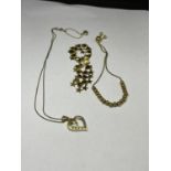 THREE SILVER GILT ITEMS TO INCLUDE A NECKLACE WITH PENDANT, A BRACELET AND AN ANKLET