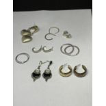 EIGHT PAIRS OF VARIOUS SILVER EARRINGS TO INCLUDE HOOPS, DROPS, HEARTS ETC