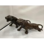 A PAIR OF BRONZE TIGERS LENGTH 36CM