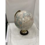 A LARGE WORLD GLOBE ON A WOODEN BASE BASE MADE BY REPLOGLE GLOBES INC, U.S.A HEIGHT APPROX 40CM