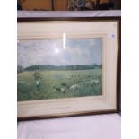 A FRAMED PRINT OF 'THE WESTERBY BASSET HOUNDS BELOW THE HEMPLOE' 70CM X 54CM