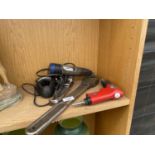 AN ASSORTMENT OF ITEMS TO INCLUDE A DREMEL DRILL, A COMPRESSOR DRILL AND A LARGE RATCHET ETC