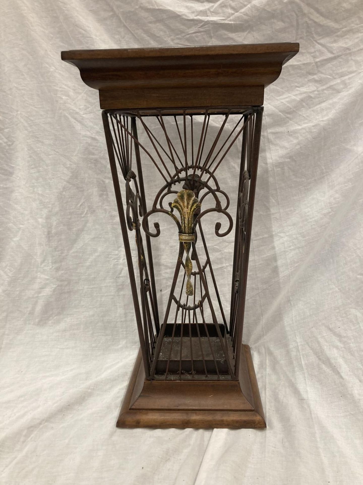 A VINTAGE STYLE WOOD AND WROUGHT IRON UMBRELLA STAND