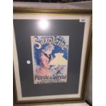 A FRAMED PRINT ADVERTISING 'SAXOLEINE PETROLE DE SURETE' 45CM X 55CM - BACK NEEDS ATTENTION