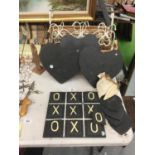 A COLLECTION OF SLATE ITEMS TO INCLUDE A NOUGHTS AND CROSSES GAME, HEART MATS, A BASKET AND TWO COAT