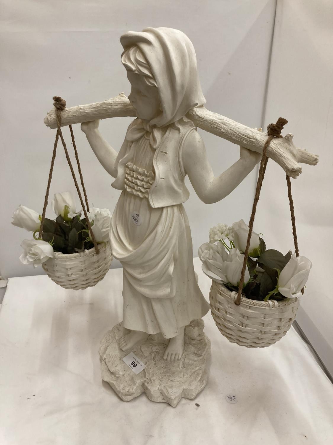 A LARGE CREAM COLOURED FIGURE OF A GIRL CARRYING BASKETS OF FLOWERS HEIGHT 53CM - Image 3 of 3