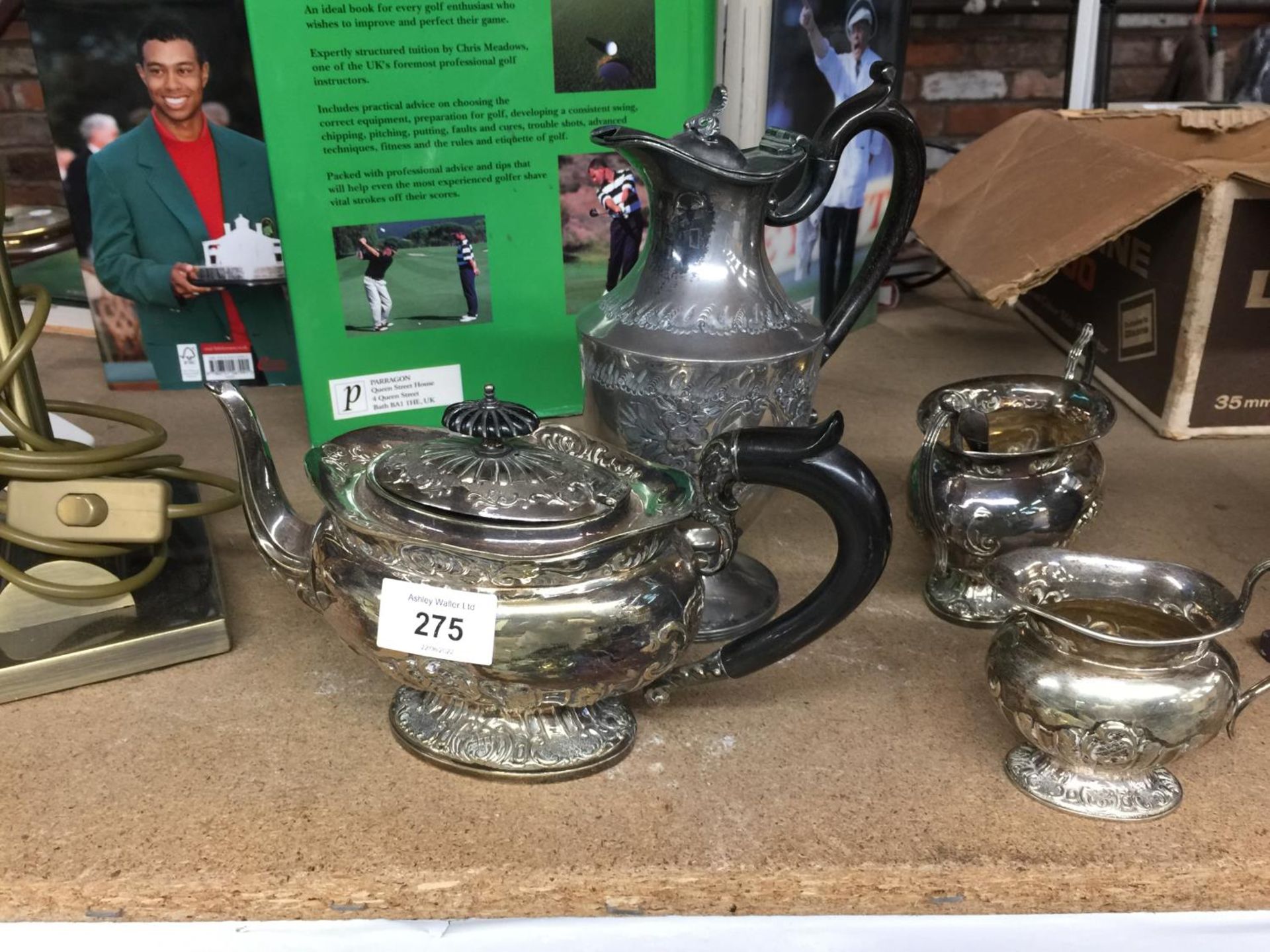 A THREE PIECE SILVER PLATED TEASET TO INCLUDE A TEAPOT, SUGAR BOWL AND CREAM JUG PLUS A COFFEE POT