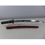 A JAPANESE WAKIZASHI SWORD 44CM BLADE, SOLID TSUBA, RED LAQUERED SCABBARD (UNABLE TO REMOVE BLADE)