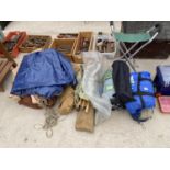 AN ASSORTMENT OF CAMPING EQUIPMENT TO INCLUDE SLEEPING BAGS AND TENT ITEMS ETC