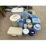AN ASSORTMENT OF ITEMS TO INCLUDE AN ENAMEL BREAD BIN, BISCUIT BARRELS AND JUGS ETC