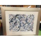 A LARGE FRAMED ABSTRACT PICTURE WITH BEIGE INSERT AND A PALE BRUSHED GOLD EFFECT FRAME - 102 X 84 CM