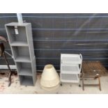 A FOLDING LUGGAGE STAND, VEGETABLE RACK, THREE LAMPSHADES AND FOUR GREY STORAGE CUBES