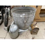 THREE VINTAGE ITEMS TO INCLUDE A GALVANISED WATER TROLLY BODY AND A GALVANISED WATERING CAN ETC