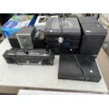 A LARGE ASSORTMENT OF STEREO ITEMS TO INCLUDE A SONY HI-FI SYSTEM, A RETRO TOSHIBA RADIO AND A SHARP