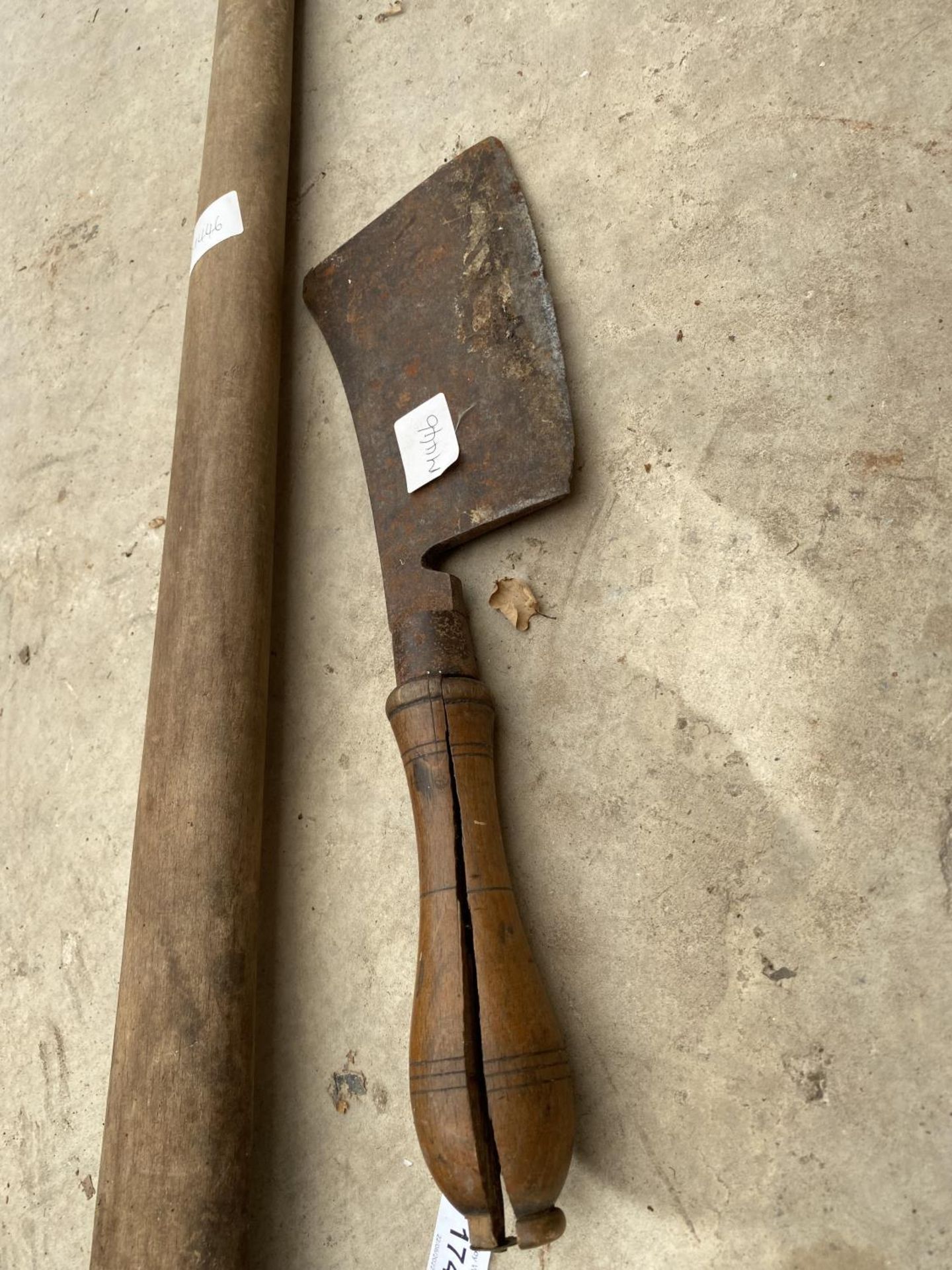 A VINTAGE PICK AXE AND MEAT CLEAVER - Image 2 of 3