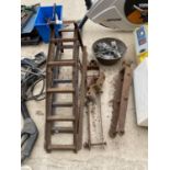 TWO METAL CAR RAMPS, GATE HINGES AND WIRE TIGHTENERS ETC