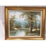 AN ORIGINALSIGNED OIL PAINTING ON CANVAS DEPICTING A WOODLAND SCENE - 61.5 X 51.5 WITH FRAME - IMAGE