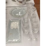 A QUANTITY OF CRYSTAL CUT GLASS ITEMS TO INCLUDE DESSERT DISHES, TUMBLERS, SANDWICH PLATE ETC