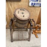 A LARGE VINTAGE OAK BUTTER CHURN WITH STAND