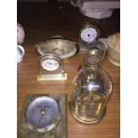 A VINTAGE MANTLE CLOCK, TWO CARRIAGE CLOCKS, A BAROMETER, ETC