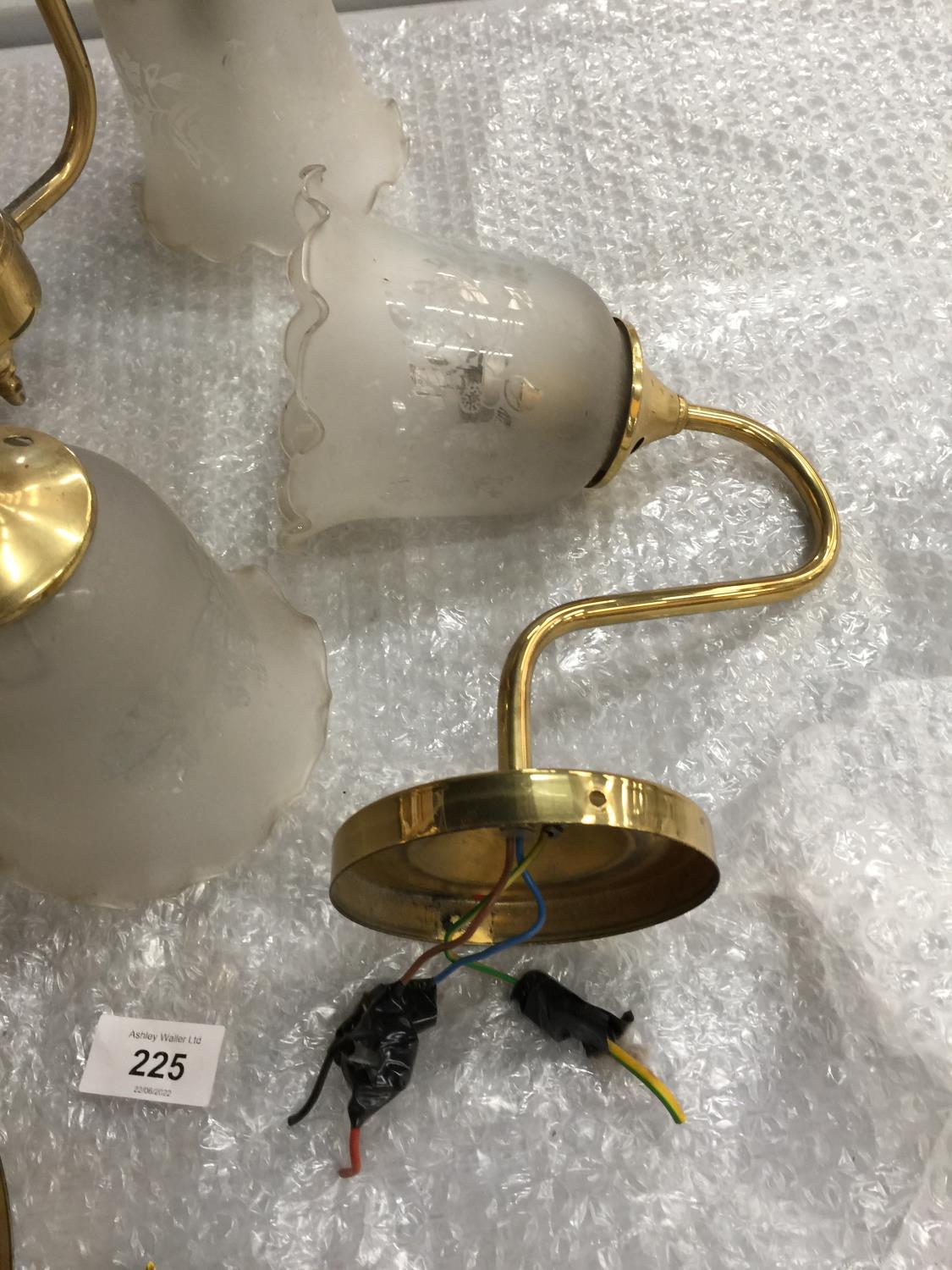 A PAIR OF VINTAGE BRASS THREE BRANCH CEILING LIGHTS WITH FROSTED GLASS. DROP 28.5CM, WIDTH 42CM, - Image 7 of 7